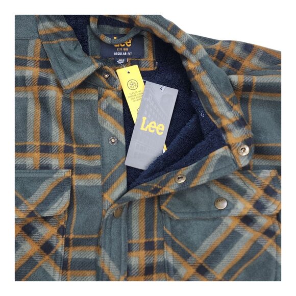 Lee Men XL Plaid Fleece Shirt Jacket Shacket Sherpa Lining Regular Dark Olive - Picture 12 of 14